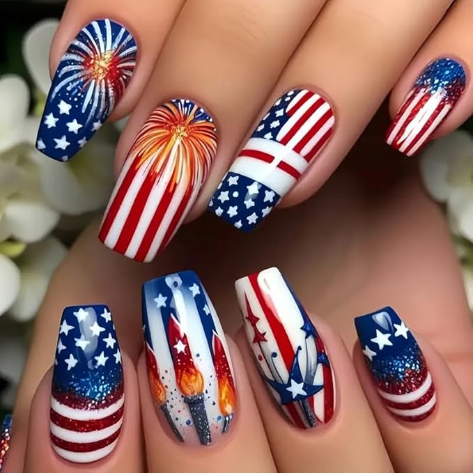 Stylish Fourth of July Fireworks Press-On Nails Fake Artificial Nails 24 Pcs - Free Shipping