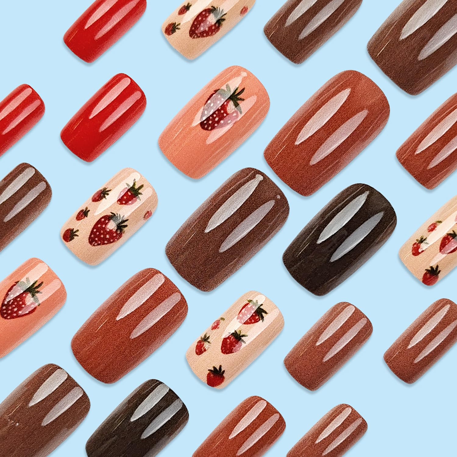 Sophisticated Strawberry Warm Colors Press-On Nails Fake Nails 24 Pcs - Free Shipping