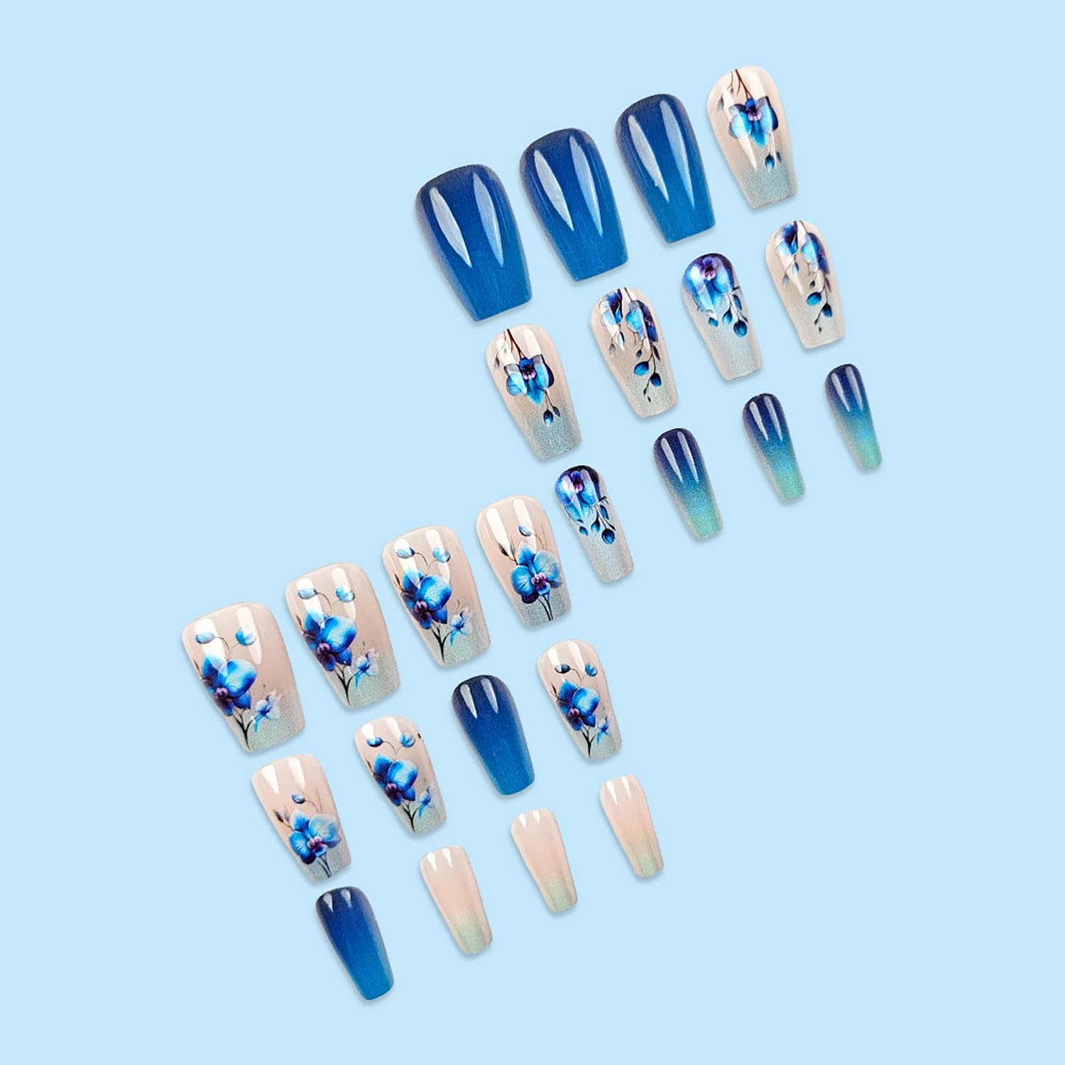 Blue Floral Ombre Press-On Nails Fake Artificial Nails 24 Pcs – Free Shipping