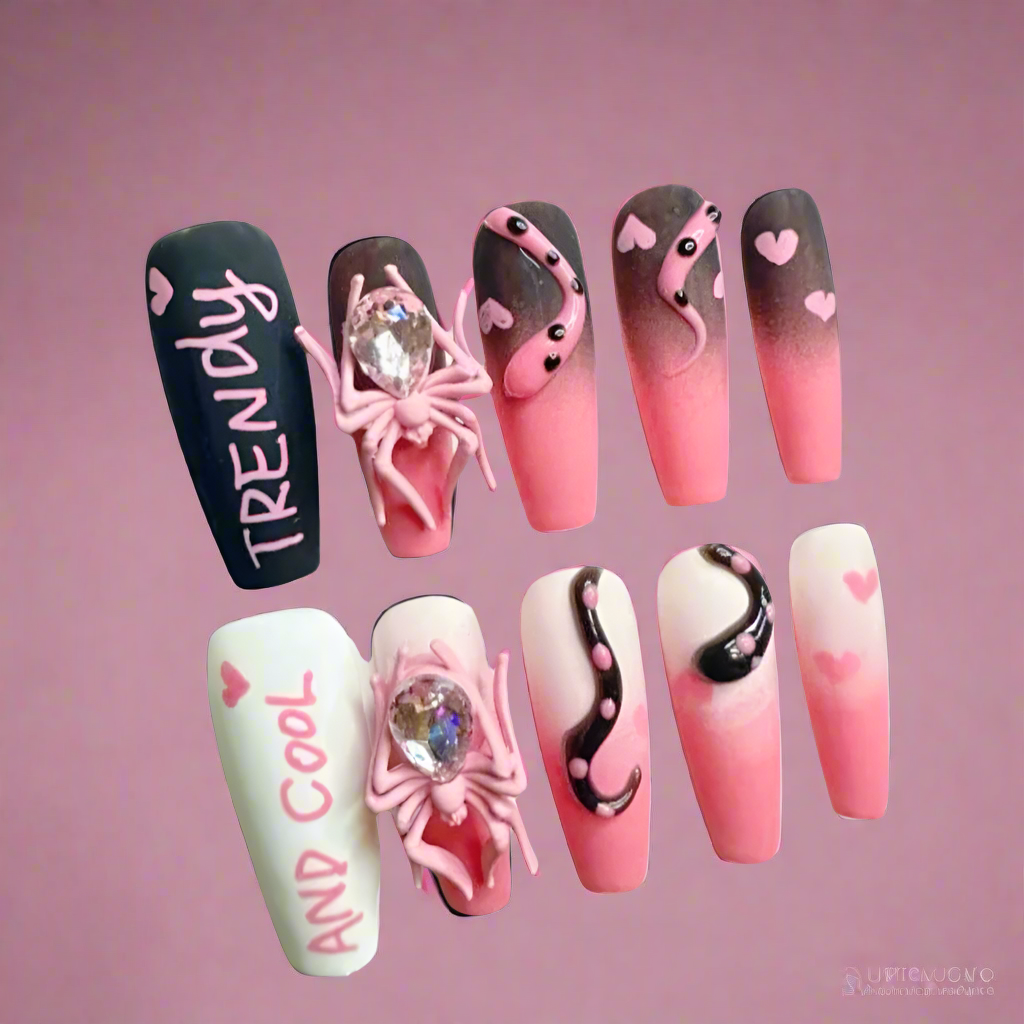 Trendy Pink Black 3D Spider Rhinestone Handcrafted Press-On Nails Acrylic False Nails-Free Shipping