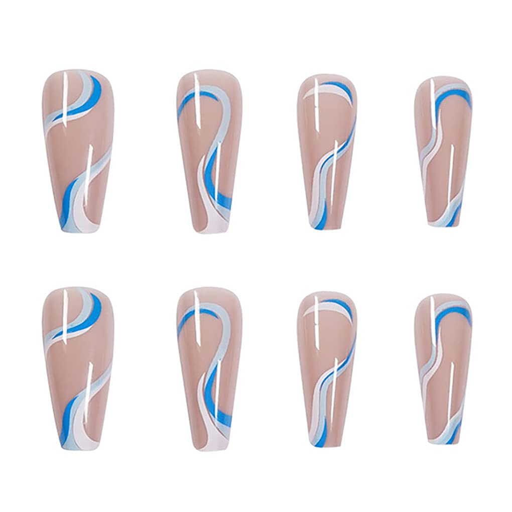 Stylish Blue White Swirl Press-On Nails Artificial Nails 24 Pcs - Free Shipping