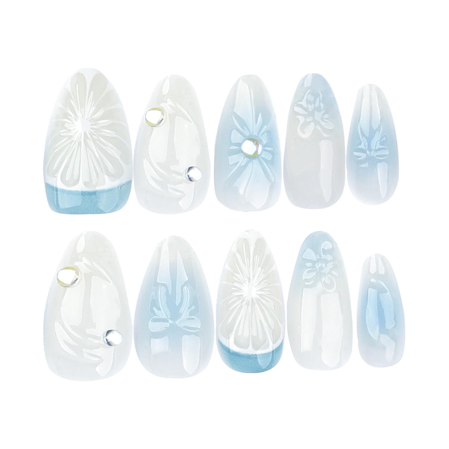 Chic Blue Bow 3D Ombre Floral Press-On Nails Artificial Nails 24 Pcs - Free Shipping