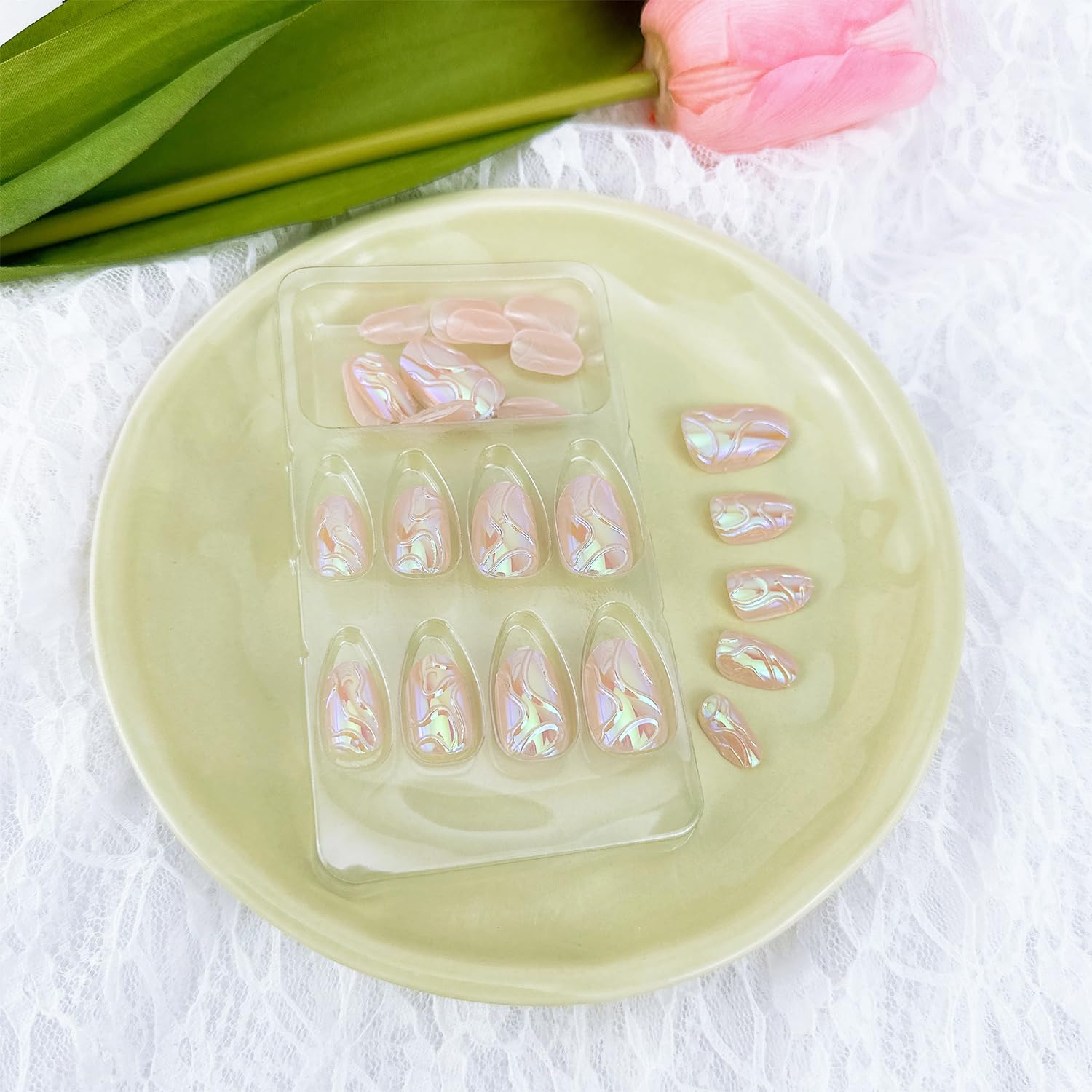 Elegant Pink Marble Swirl Glossy Almond Press-On Nails False Nails 30 Pcs - Free Shipping