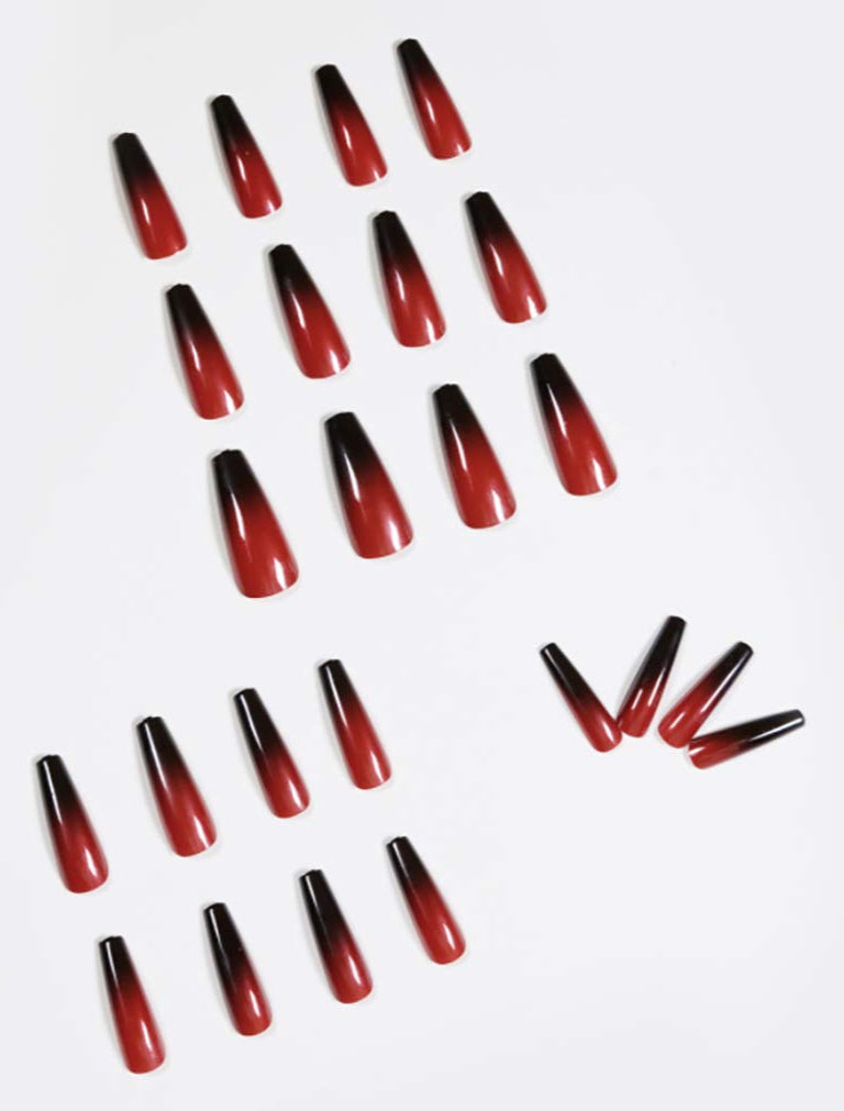 Stunning Black Red Ombre Glossy Coffin Press-On Nails Artificial Nails 24 Pcs - Free Shipping