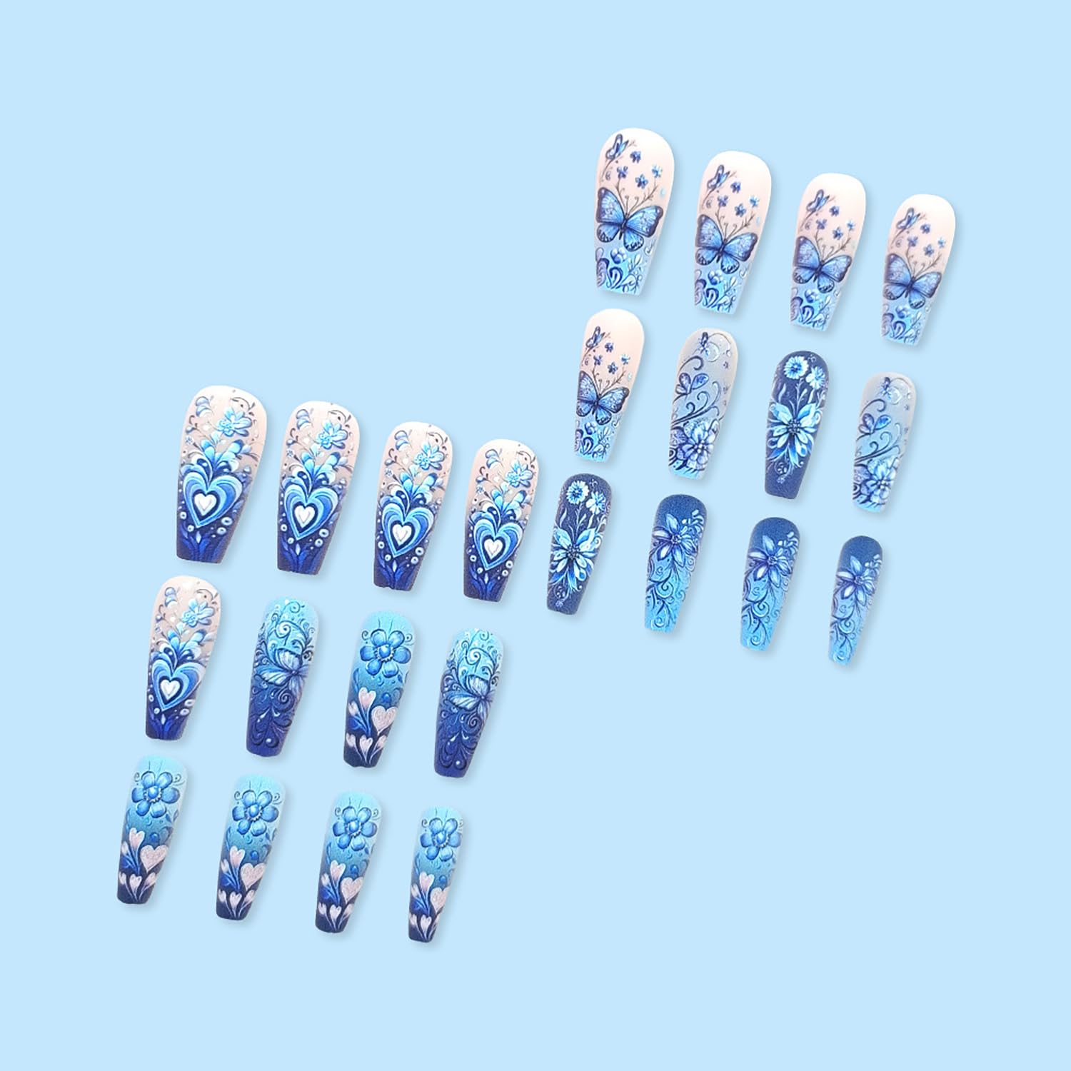 Stylish Blue Floral Butterfly Hearts Press-On Nails Artificial Nails 24 Pcs - Free Shipping