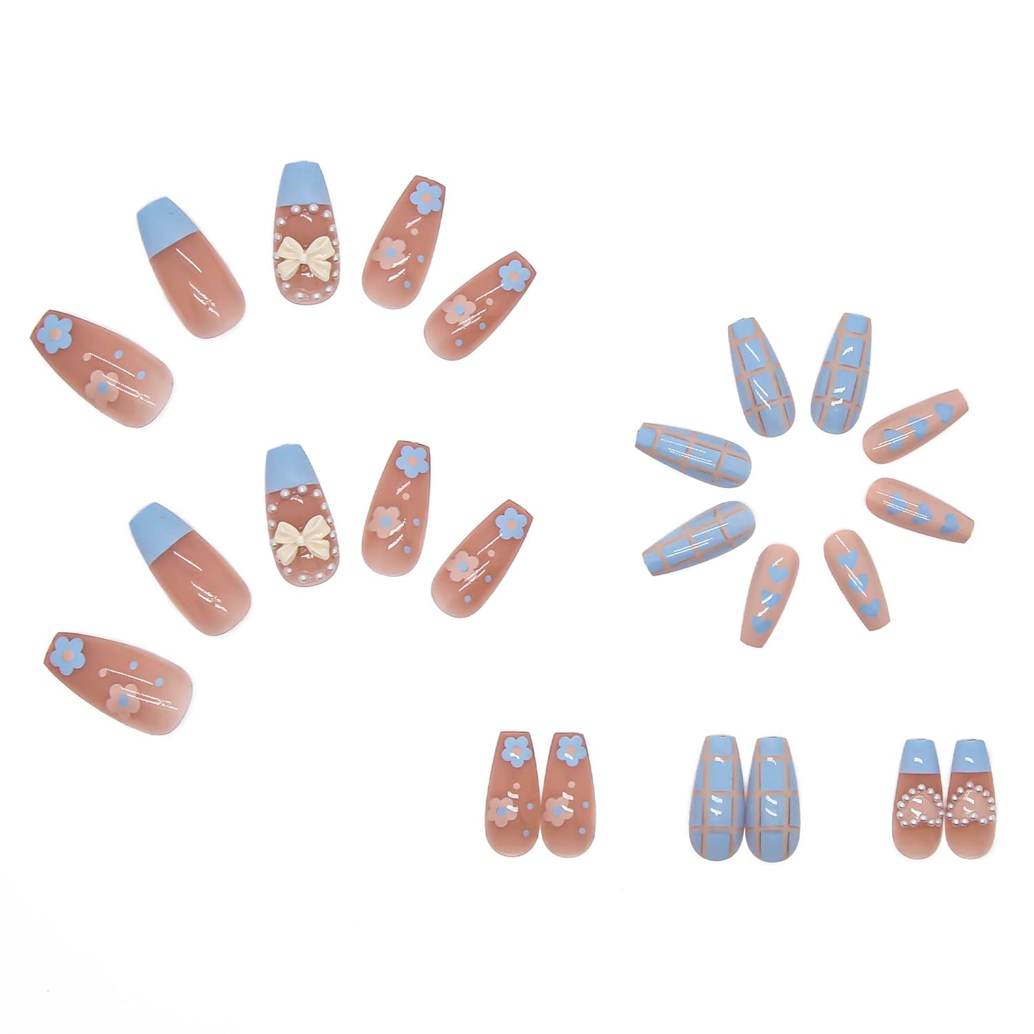 Charming Blue Floral Pearl 3D Heart Stripe Press-On Nails Artificial Nails 24 Pcs - Free Shipping
