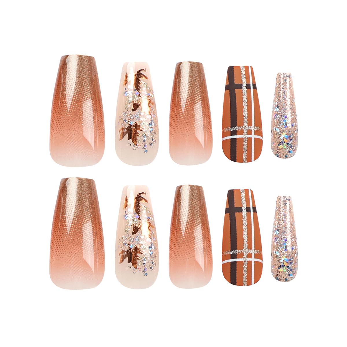 Elegant Autumn Maple Leaf Glitter Brown Ombre Coffin Press-On Nails False Nails 24 Pcs – Free Shipping