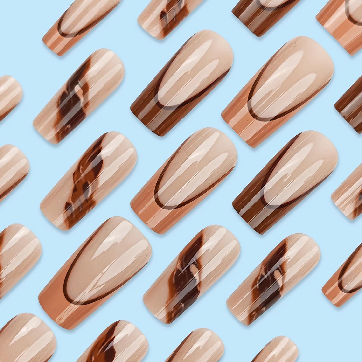 Trendy Brown Marble French Tip Press-On Nails Artificial Nails 24 Pcs - Free Shipping