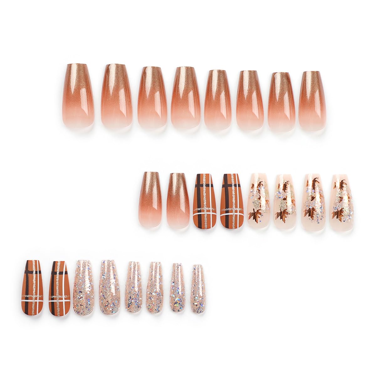Elegant Autumn Maple Leaf Glitter Brown Ombre Coffin Press-On Nails False Nails 24 Pcs – Free Shipping