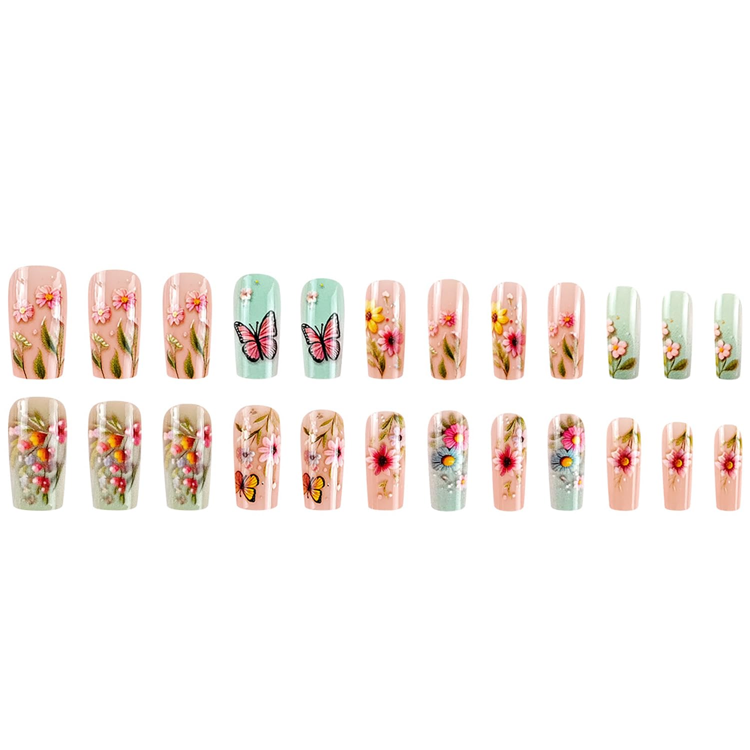 Cute Spring Floral Butterfly Coffin Press-On Nails Artificial Nails 24 Pcs - Free Shipping