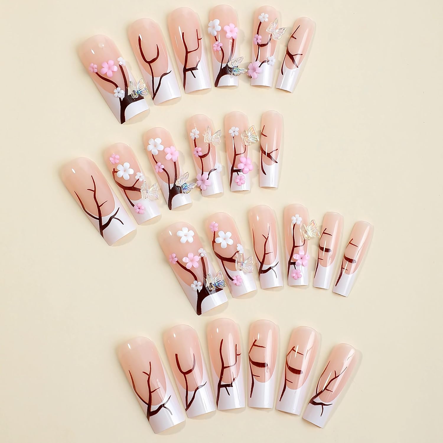 Cherry Blossom 3D Butterfly French Flower Press-On Nails Artificial Nails 24 Pcs - Free Shipping