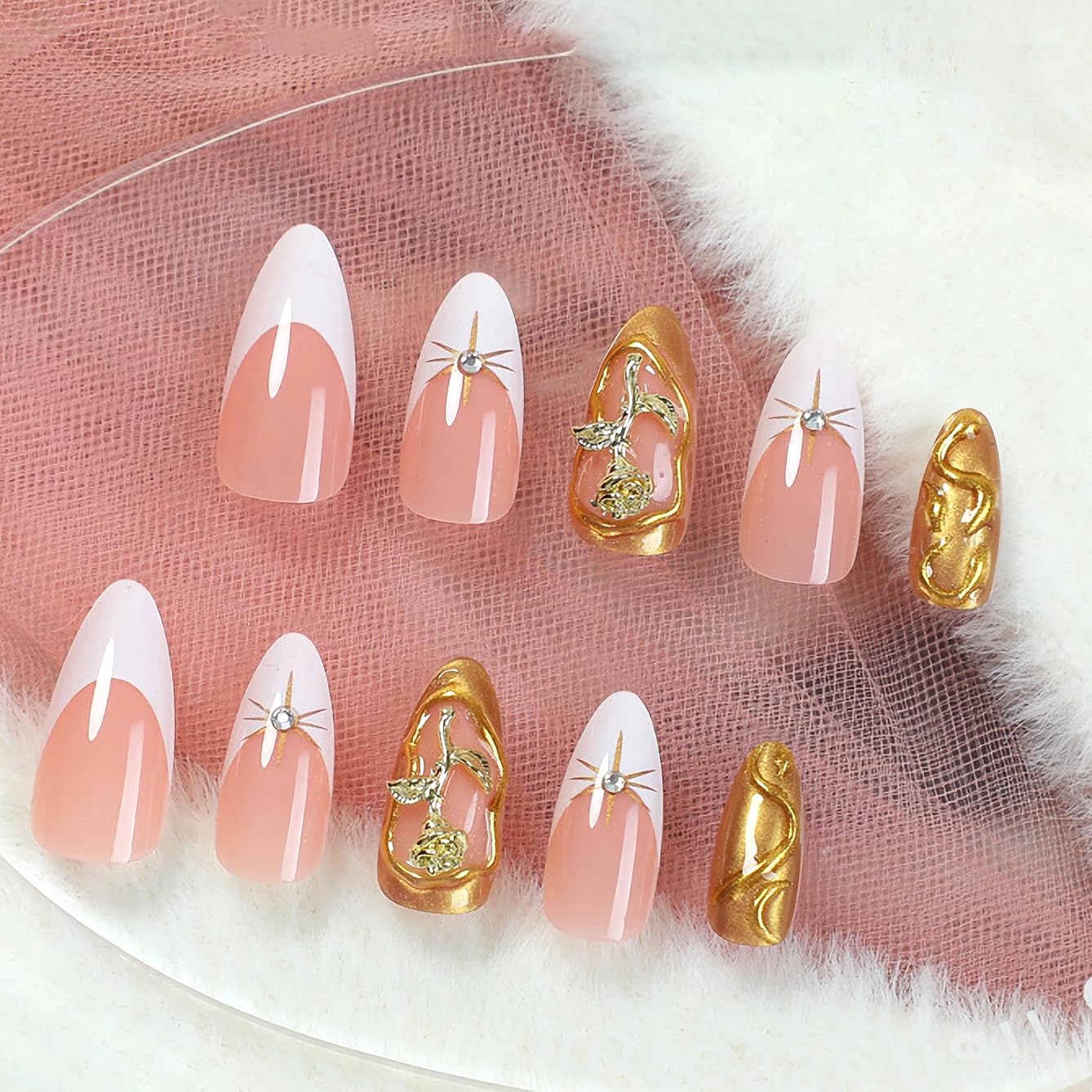 Stylish Almond White French Floral 3D Gold Star Rhinestone Press-On Nails Artificial Nails 24 Pcs – Free Shipping