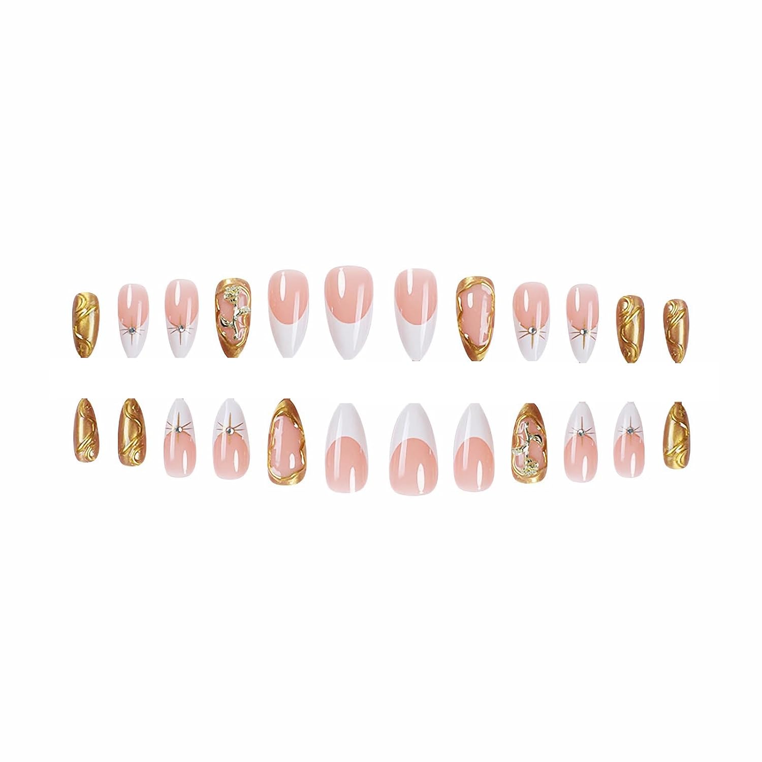 Stylish Almond White French Floral 3D Gold Star Rhinestone Press-On Nails Artificial Nails 24 Pcs – Free Shipping