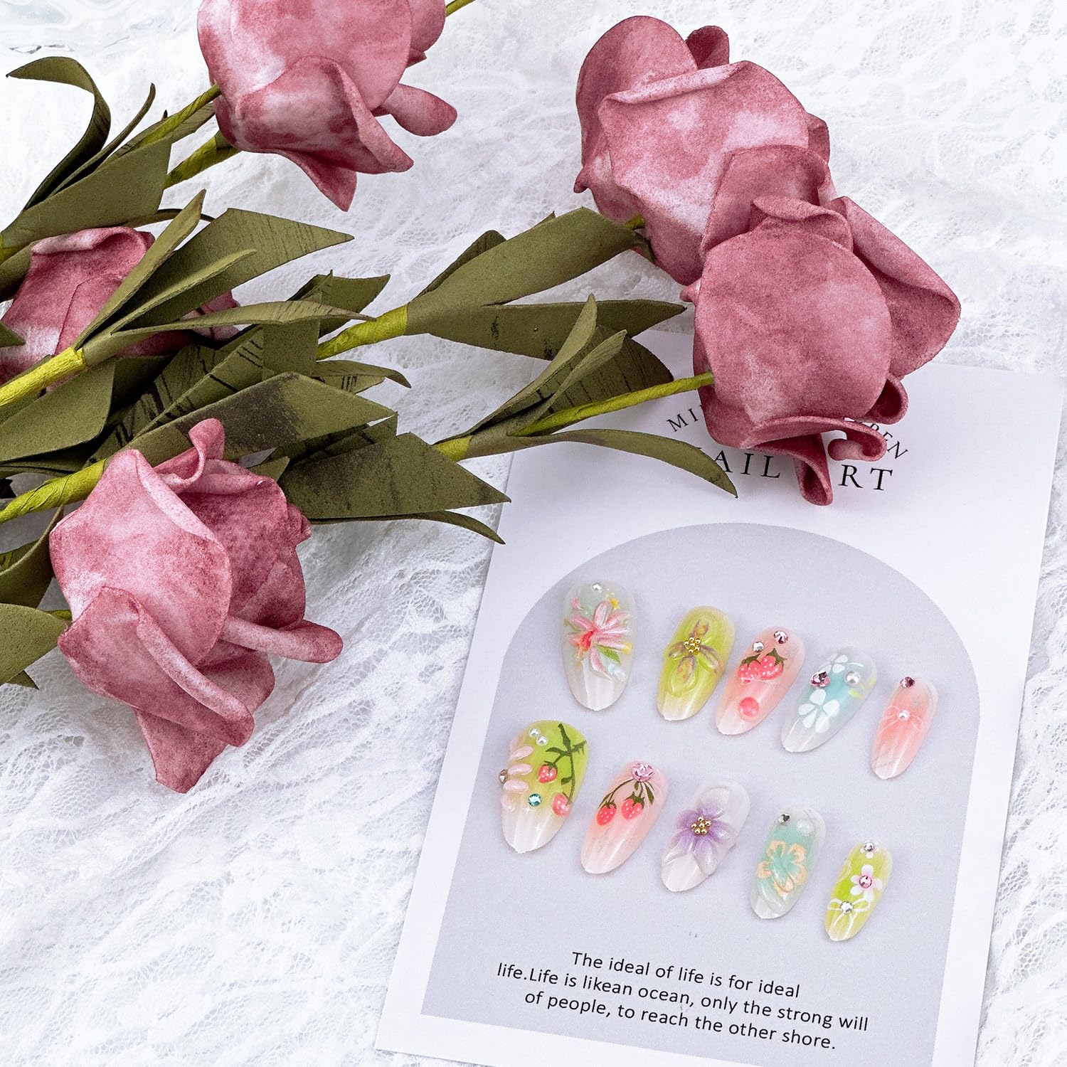Cute Floral Almond 3D Colorful Rhinestone Press-On Nails Fake Nails 30 Pcs – Free Shipping