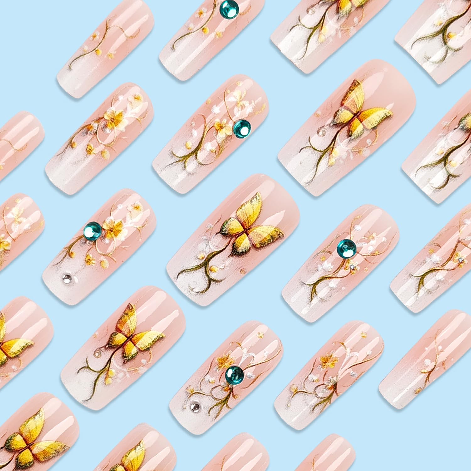 Butterfly French Floral Rhinestone  Press-On Nails Fake Nails 24 Pcs - Free Shipping