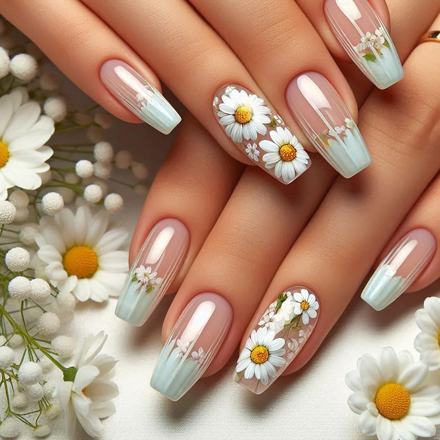 Cute Daisy Floral French Tip Press-On Nails Fake Nails 24 Pcs - Free Shipping