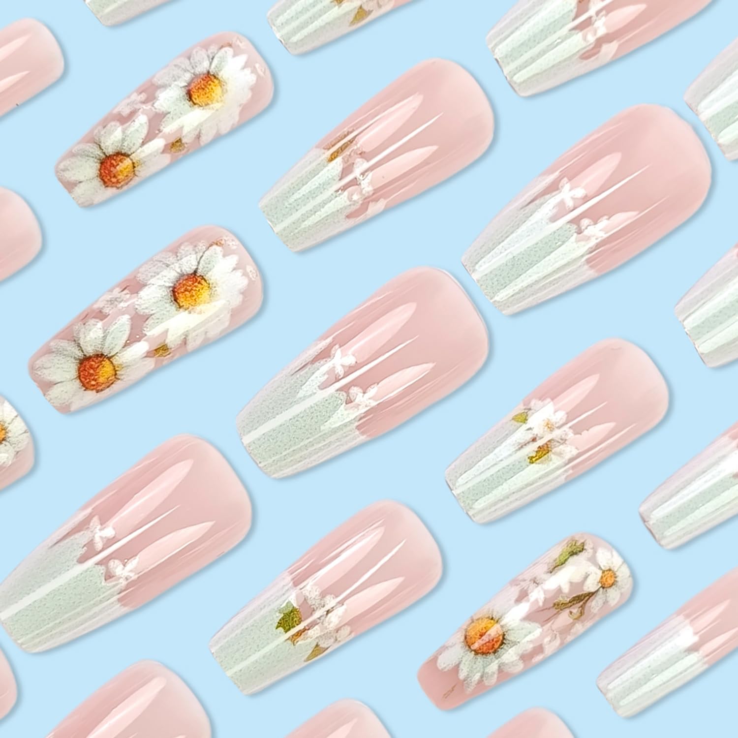 Cute Daisy Floral French Tip Press-On Nails Fake Nails 24 Pcs - Free Shipping