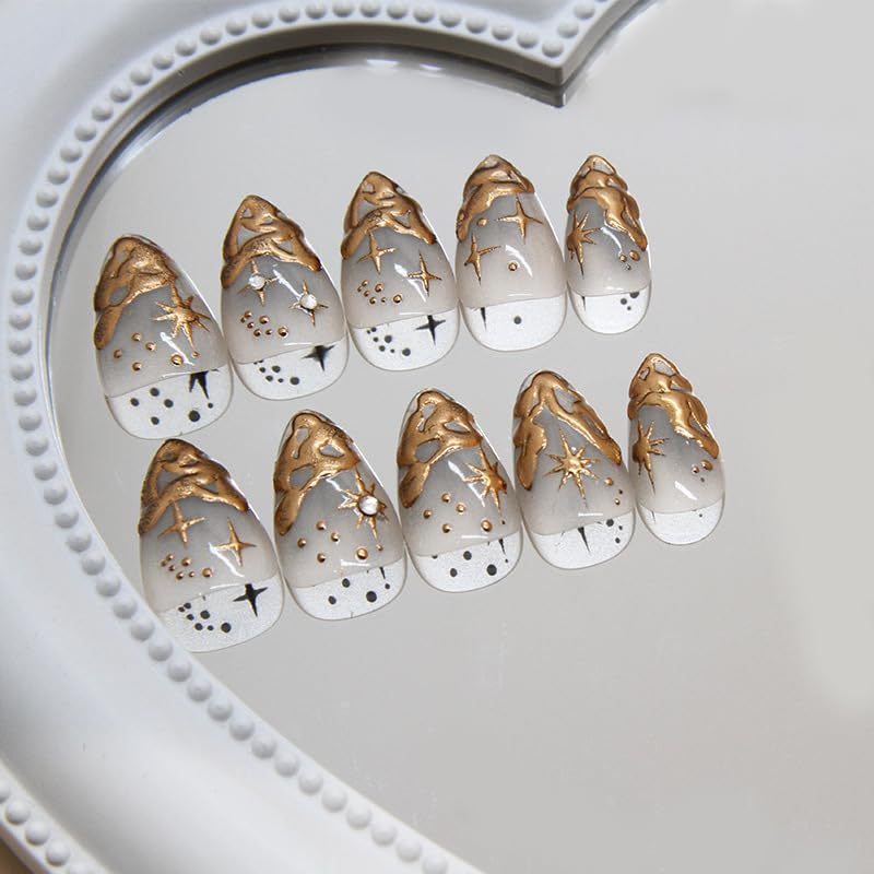 Elegant Gold 3D French Metallic Star Almond Press-On Nails False Nails 24 Pcs – Free Shipping