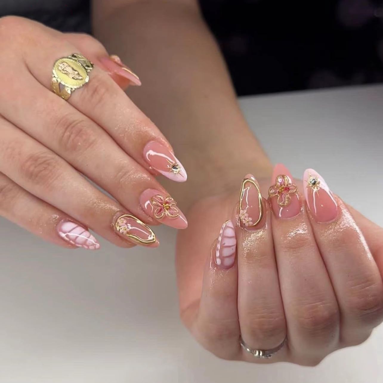 Stylish 3D Gold Floral French Rhinestone Press-On Nails Fake Nails 24 Pcs - Free Shipping
