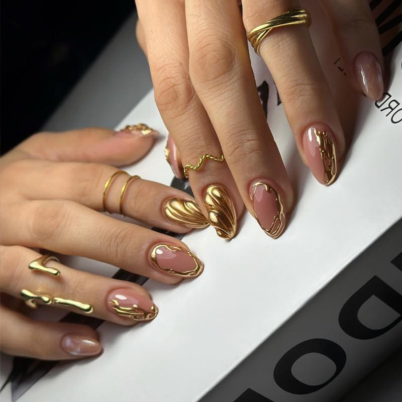 Luxurious Gold Chrome 3D Swirl Nude Almond Press-On Nails False Nails 24 Pcs – Free Shipping