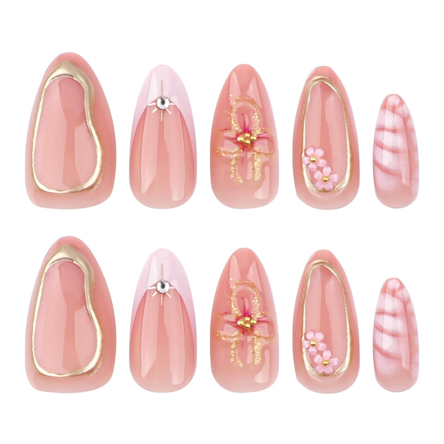Stylish 3D Gold Floral French Rhinestone Press-On Nails Fake Nails 24 Pcs - Free Shipping