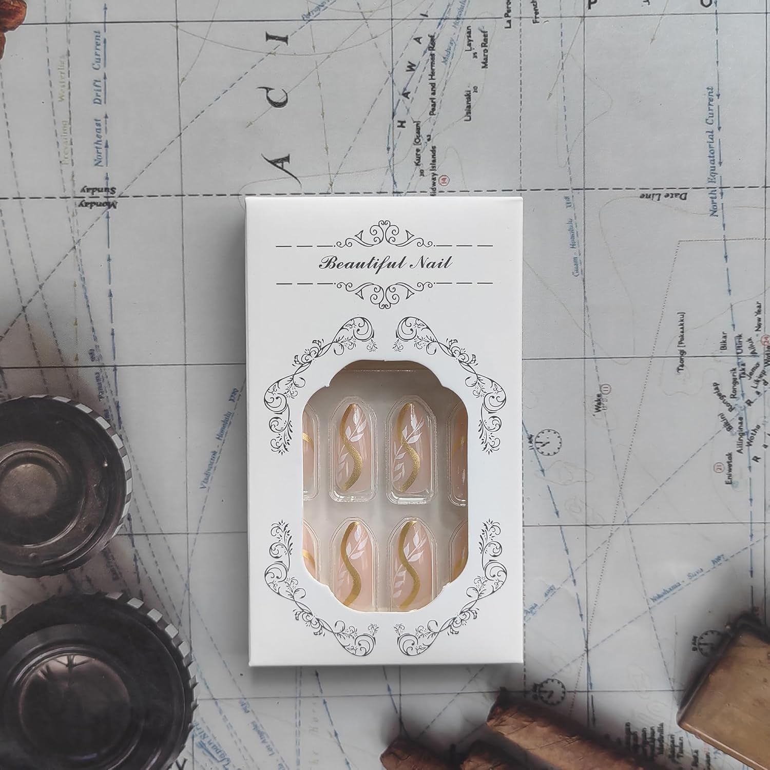 Elegant Nude Gold Swirl Leaf French Tip Almond Press-On Nails Artificial Nails 24 Pcs – Free Shipping