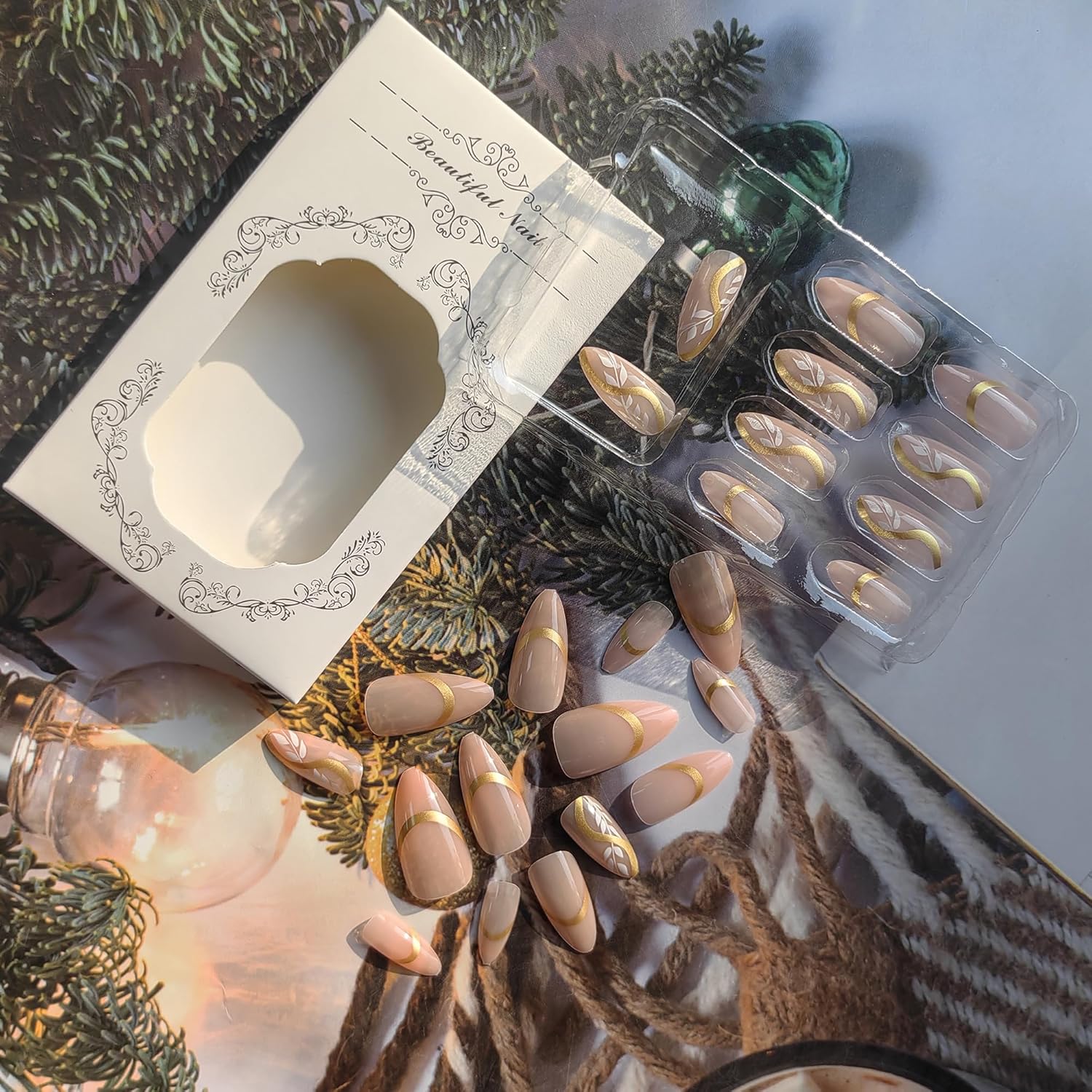 Elegant Nude Gold Swirl Leaf French Tip Almond Press-On Nails Artificial Nails 24 Pcs – Free Shipping