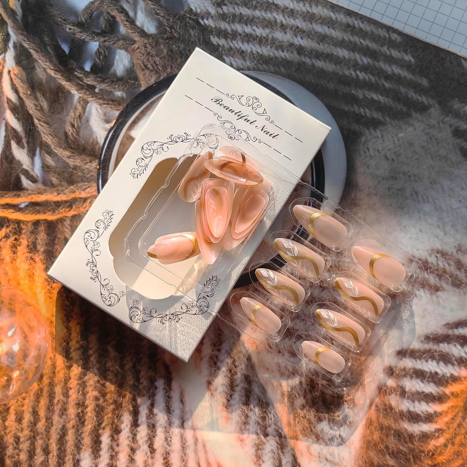 Elegant Nude Gold Swirl Leaf French Tip Almond Press-On Nails Artificial Nails 24 Pcs – Free Shipping