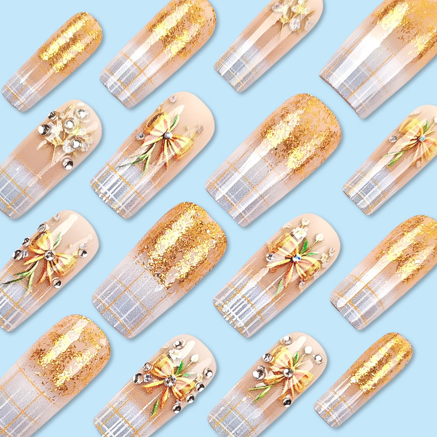 Gold Glitter Bow French Stripe Press-On Nails Fake Nails 24 Pcs – Free Shipping