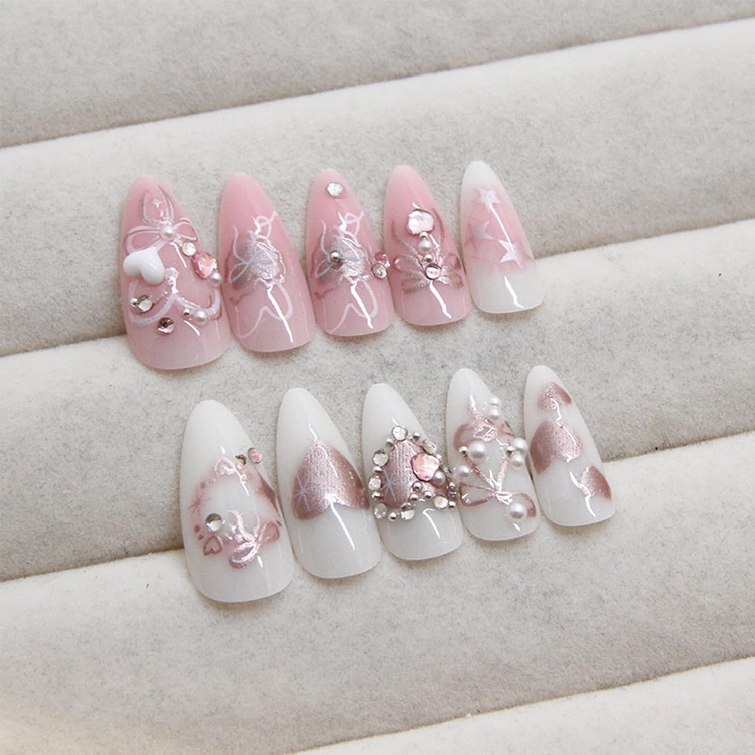 Stylish Pink Heart Bow 3D Rhinestone Almond Press-On Nails Fake Nails 24 Pcs - Free Shipping