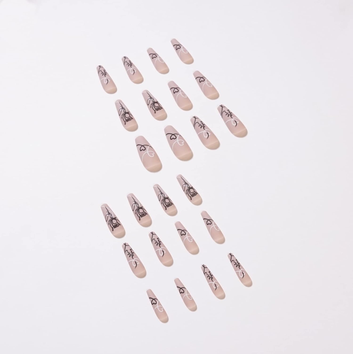 Trendy Minimalist Floral Heart Line Art Press-On Nails False Nails 24 Pcs - Free Shipping