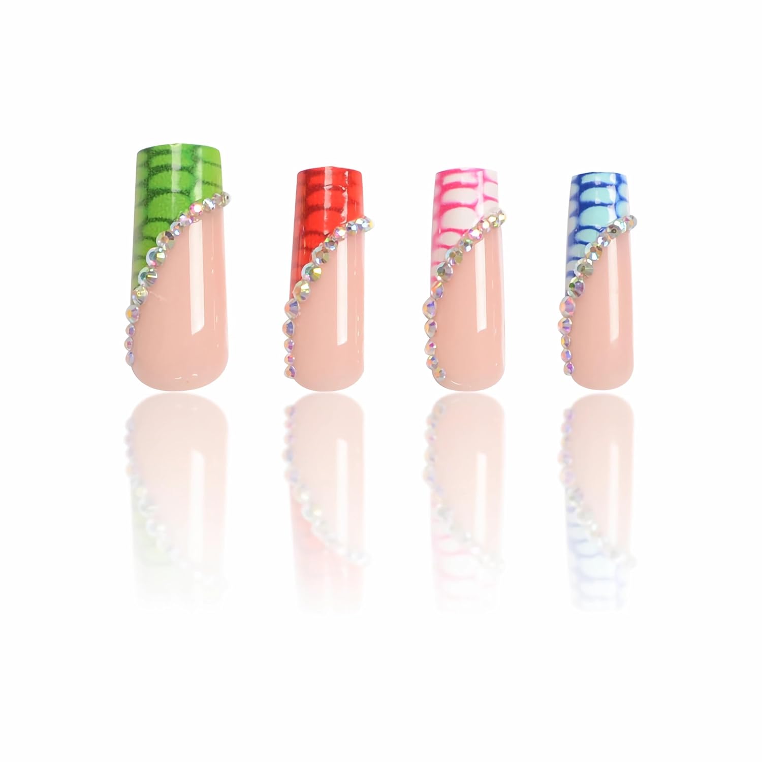 Vibrant Multicolor Croc French 3D Rhinestone Coffin Press-On Nails Fake Nails 24 Pcs - Free Shipping