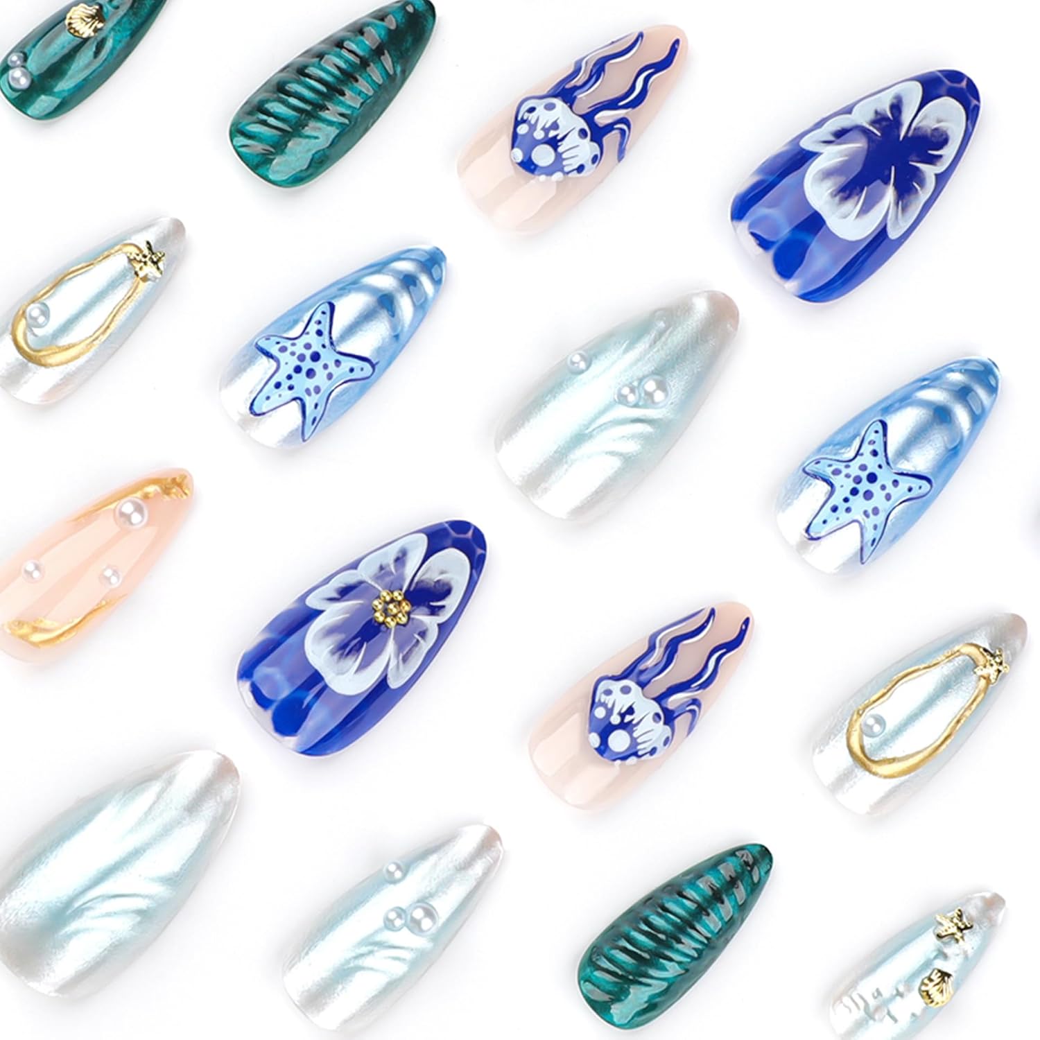 Stylish Blue Gradient 3D Pearl Ocean Theme Press-On Nails 24 Pcs - Free Shipping
