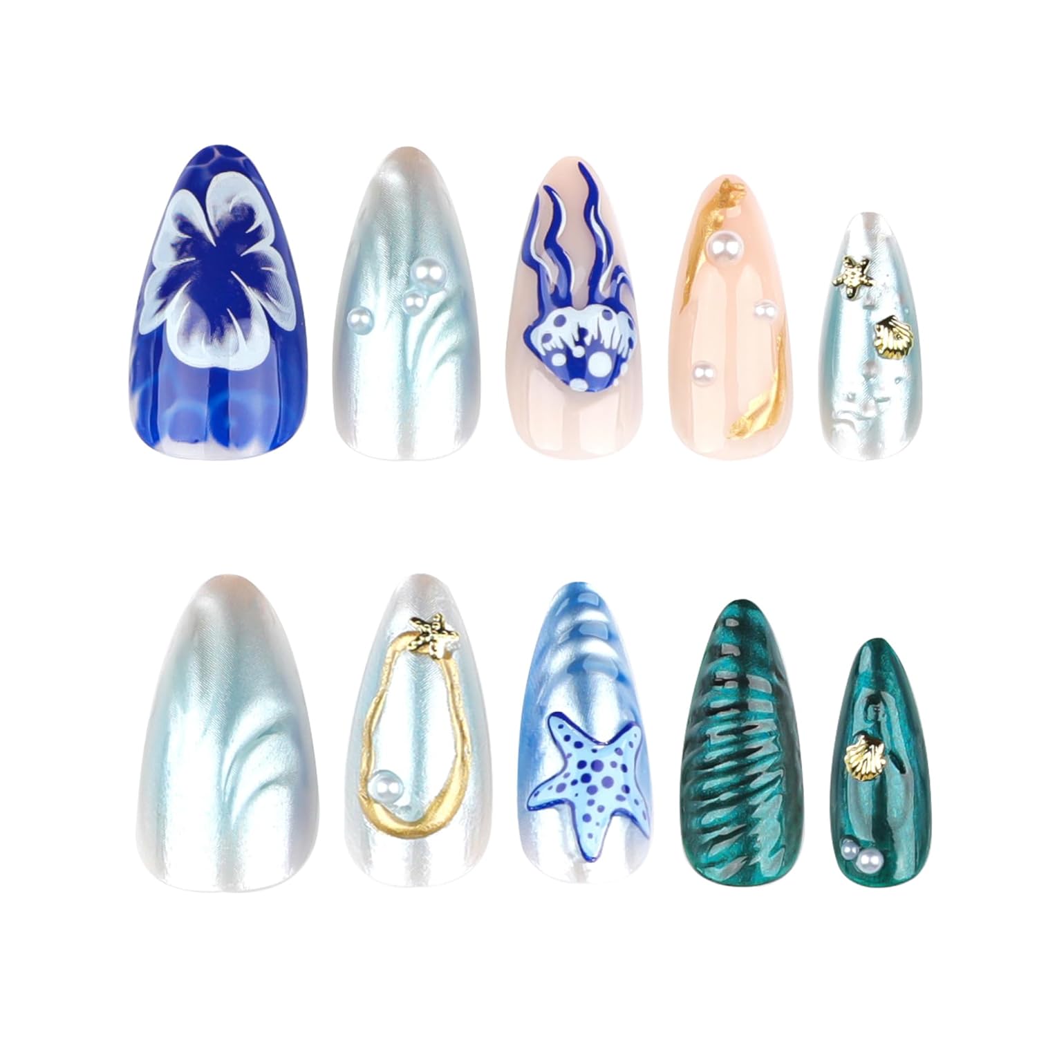 Stylish Blue Gradient 3D Pearl Ocean Theme Press-On Nails 24 Pcs - Free Shipping