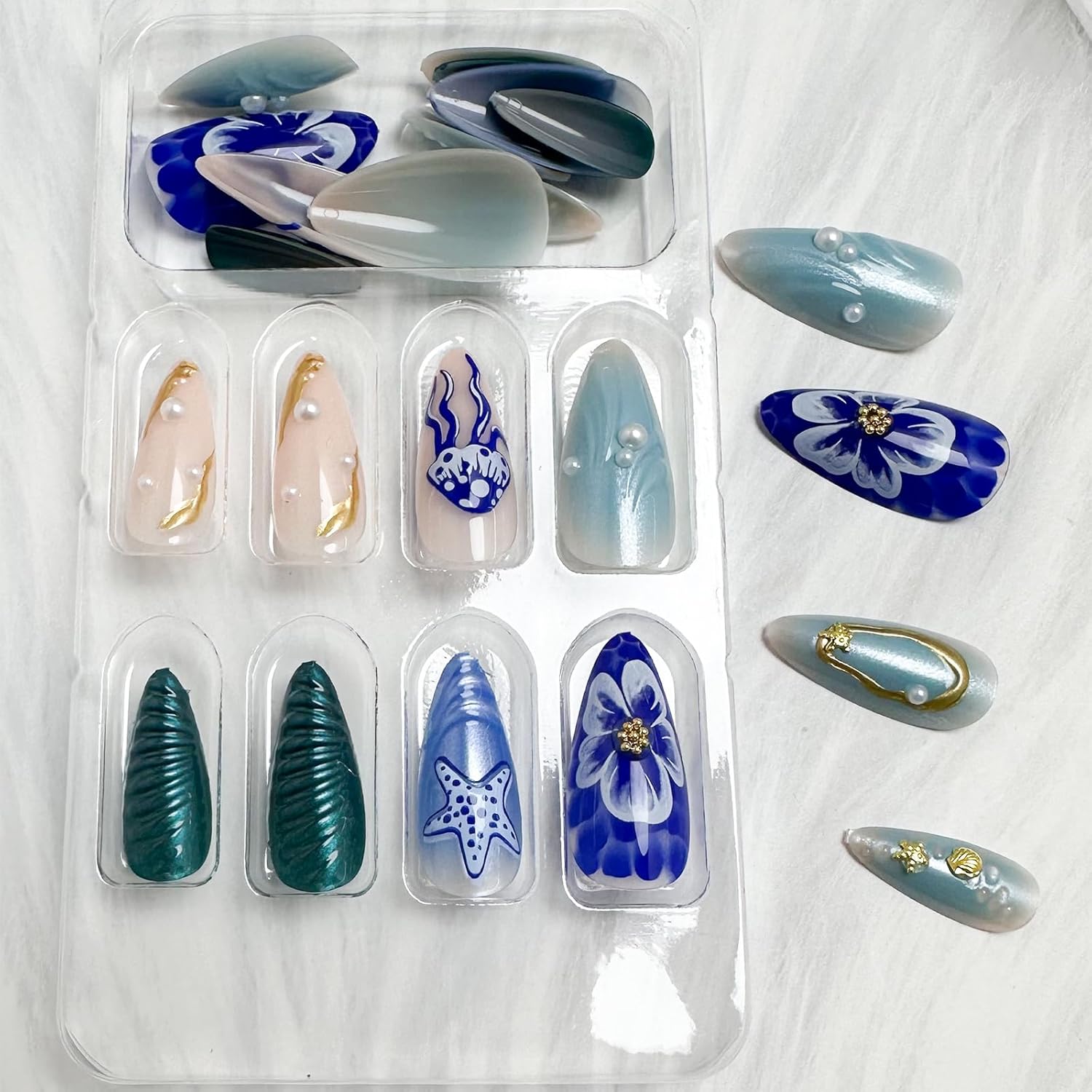 Stylish Blue Gradient 3D Pearl Ocean Theme Press-On Nails 24 Pcs - Free Shipping