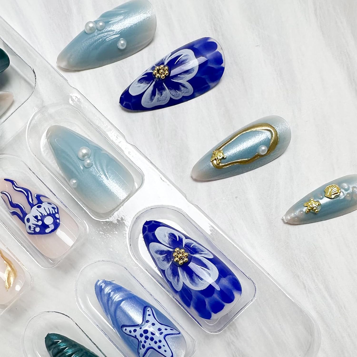 Stylish Blue Gradient 3D Pearl Ocean Theme Press-On Nails 24 Pcs - Free Shipping