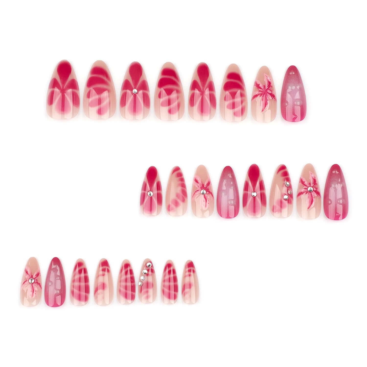 Elegant Pink 3D Floral Rhinestone Press-On Nails Fake Nails 24 Pcs - Free Shipping
