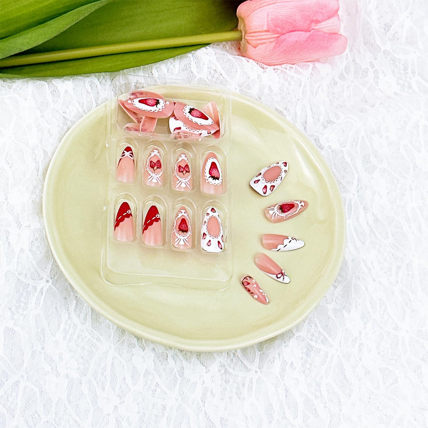 Strawberry Pink French Almond Lace Bow Rhinestones Press-On Nails False Nails 24 Pcs - Free Shipping