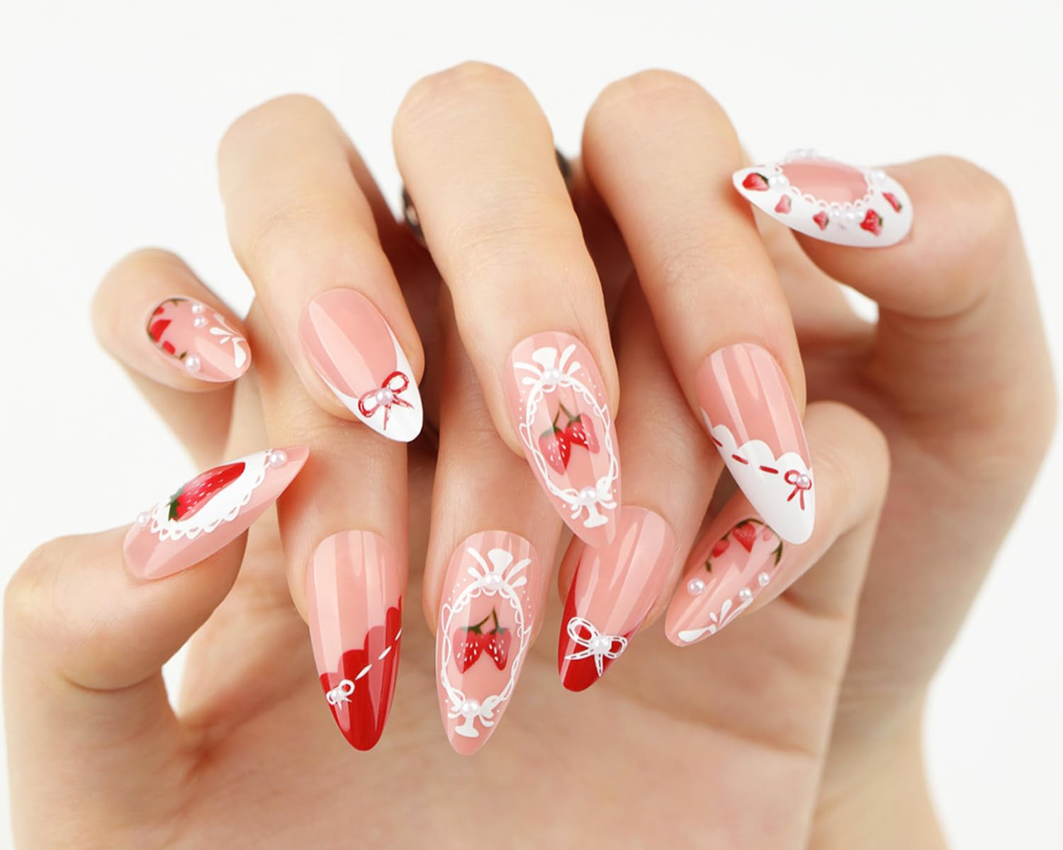 Strawberry Pink French Almond Lace Bow Rhinestones Press-On Nails False Nails 24 Pcs - Free Shipping