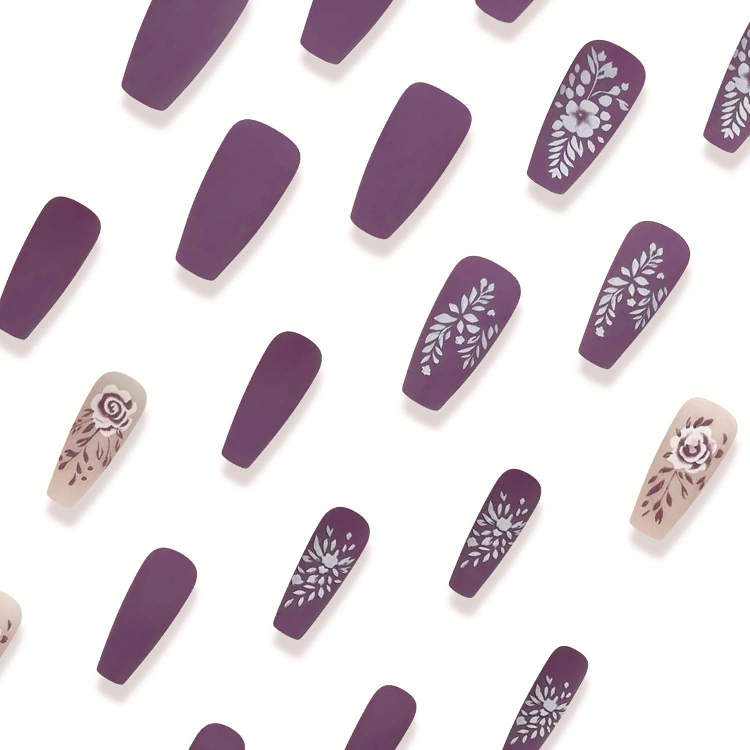 Elegant Purple Florals Press-On Nails Fake Artificial Nails 24 Pcs-Free Shipping