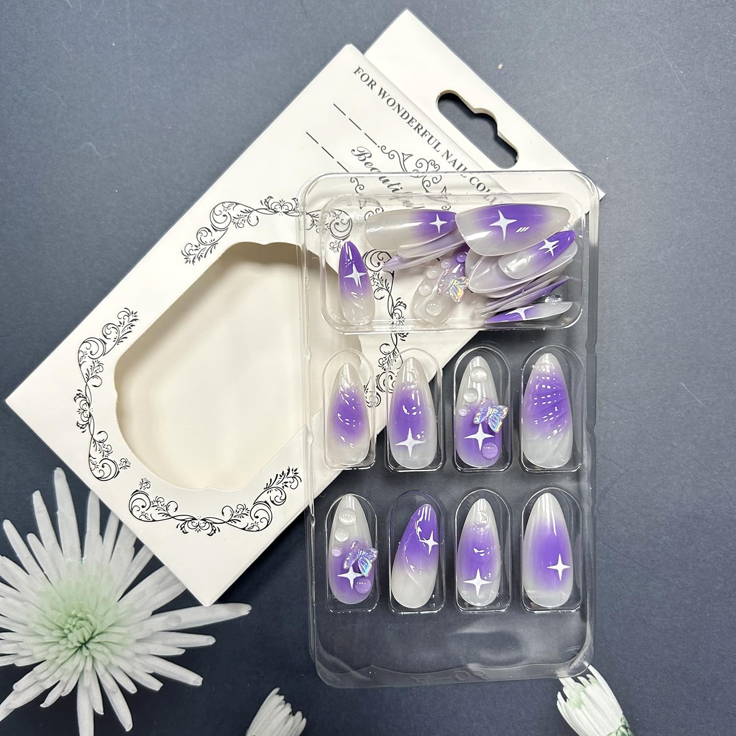 Elegant Purple Pearl Ombre 3D Butterfly Shell Almond Press-On Nails False Nails 24 Pcs – Free Shipping