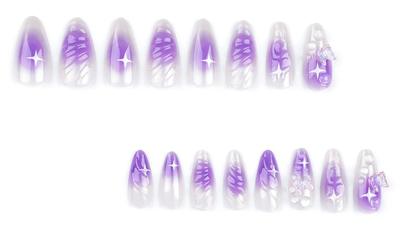 Elegant Purple Pearl Ombre 3D Butterfly Shell Almond Press-On Nails False Nails 24 Pcs – Free Shipping
