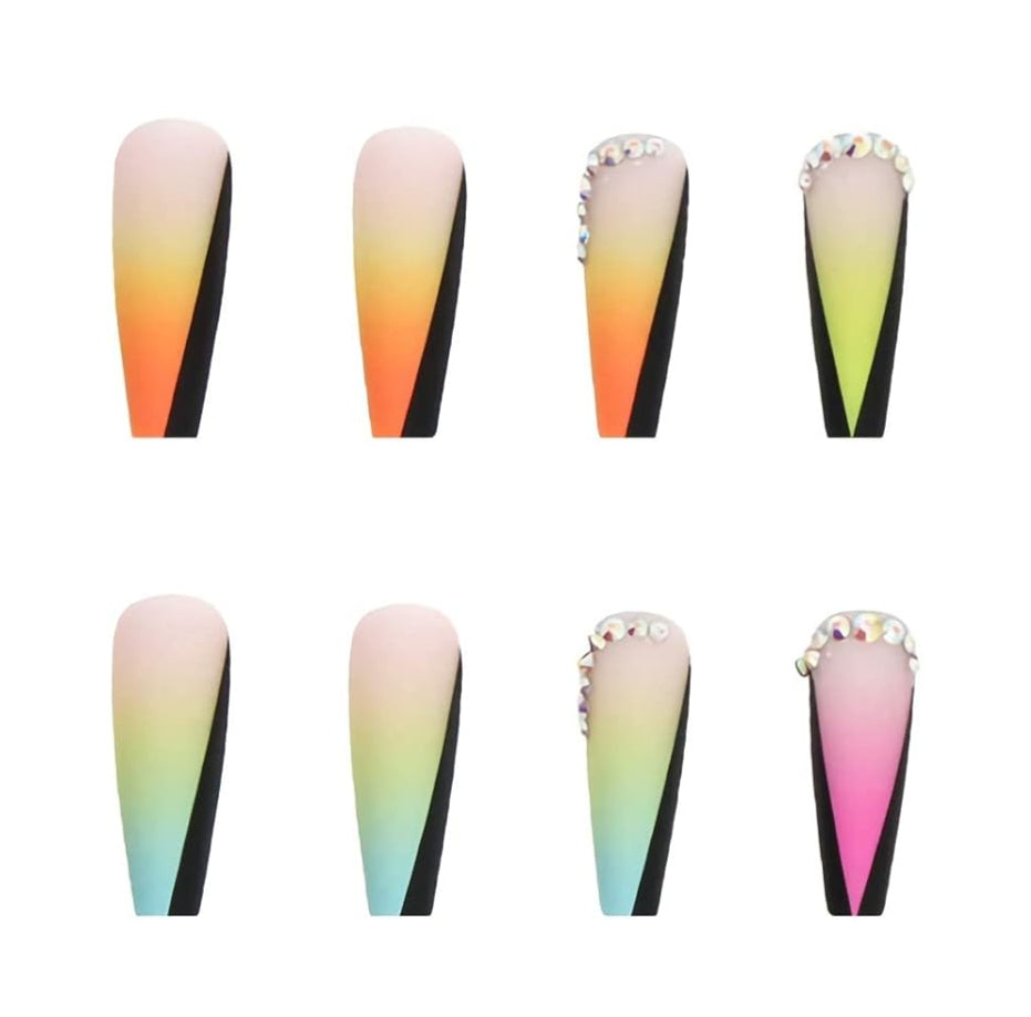Rainbow Rhinestone Black Long Coffin  Press-On Nails Artificial Nails 24 Pcs - Free Shipping