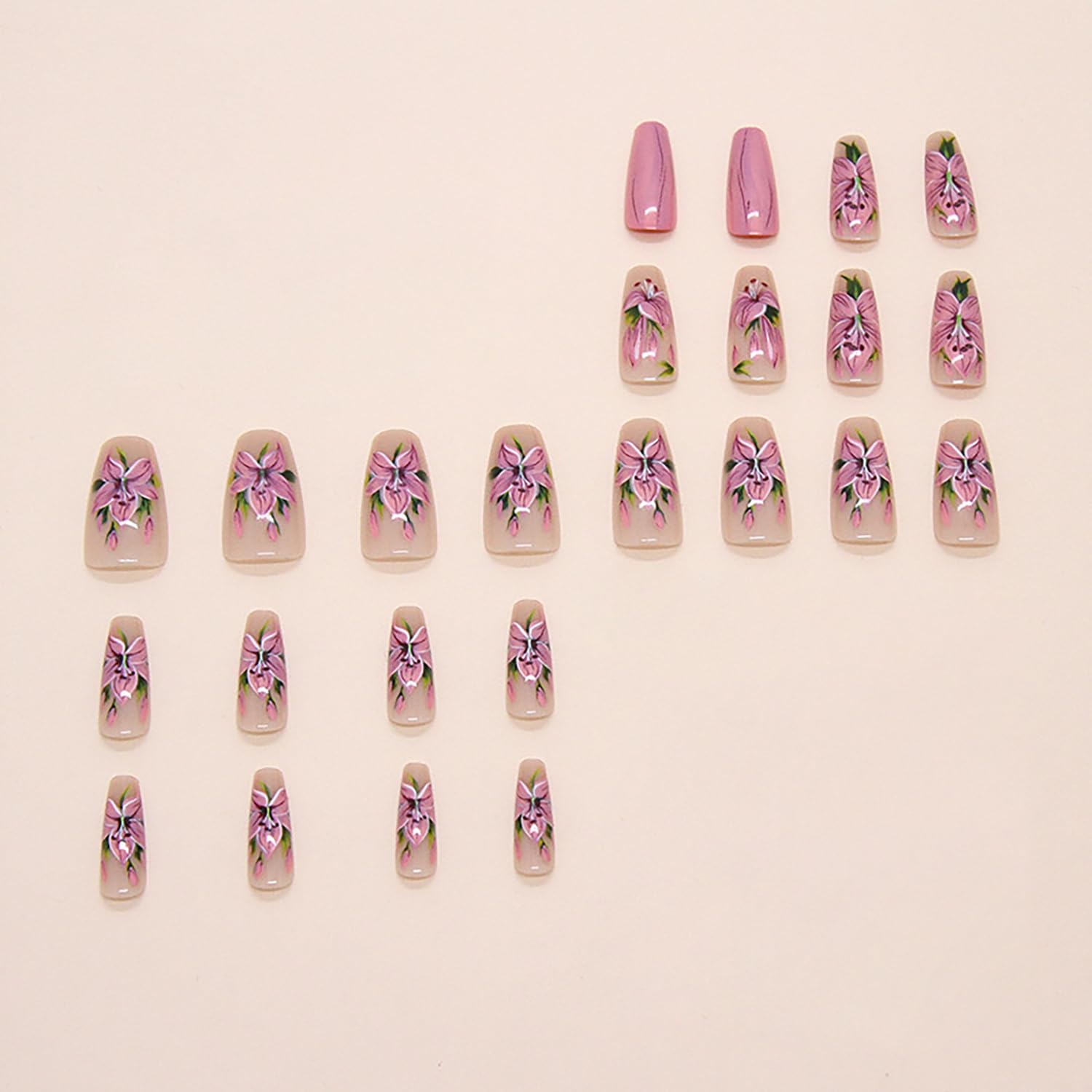 Pink Lily Floral Press-On Nails Artificial Nails 24 Pcs - Free Shipping