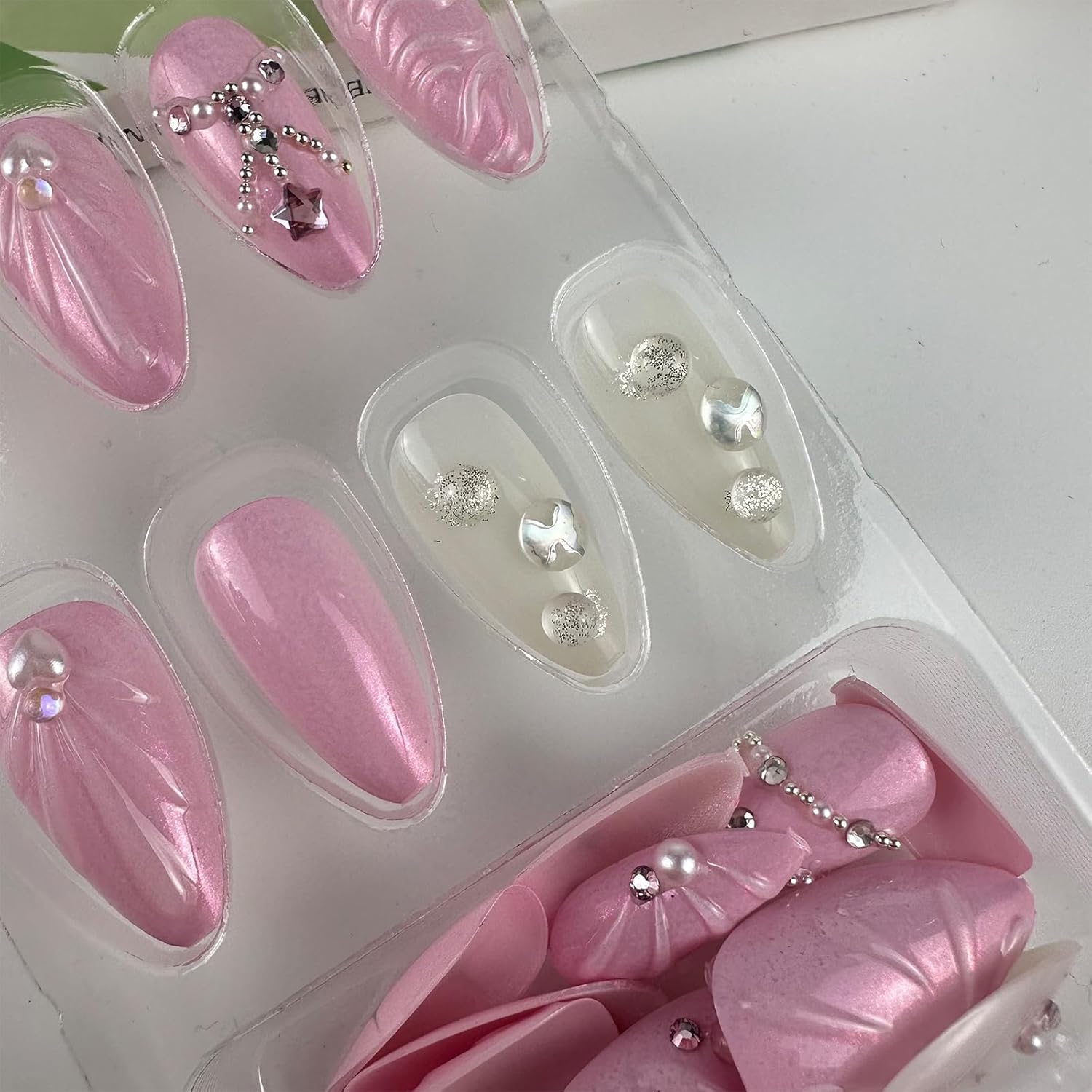 Glam Pink 3D Metallic Rhinestone Press-On Nails Fake Nails 24 Pcs – Free Shipping