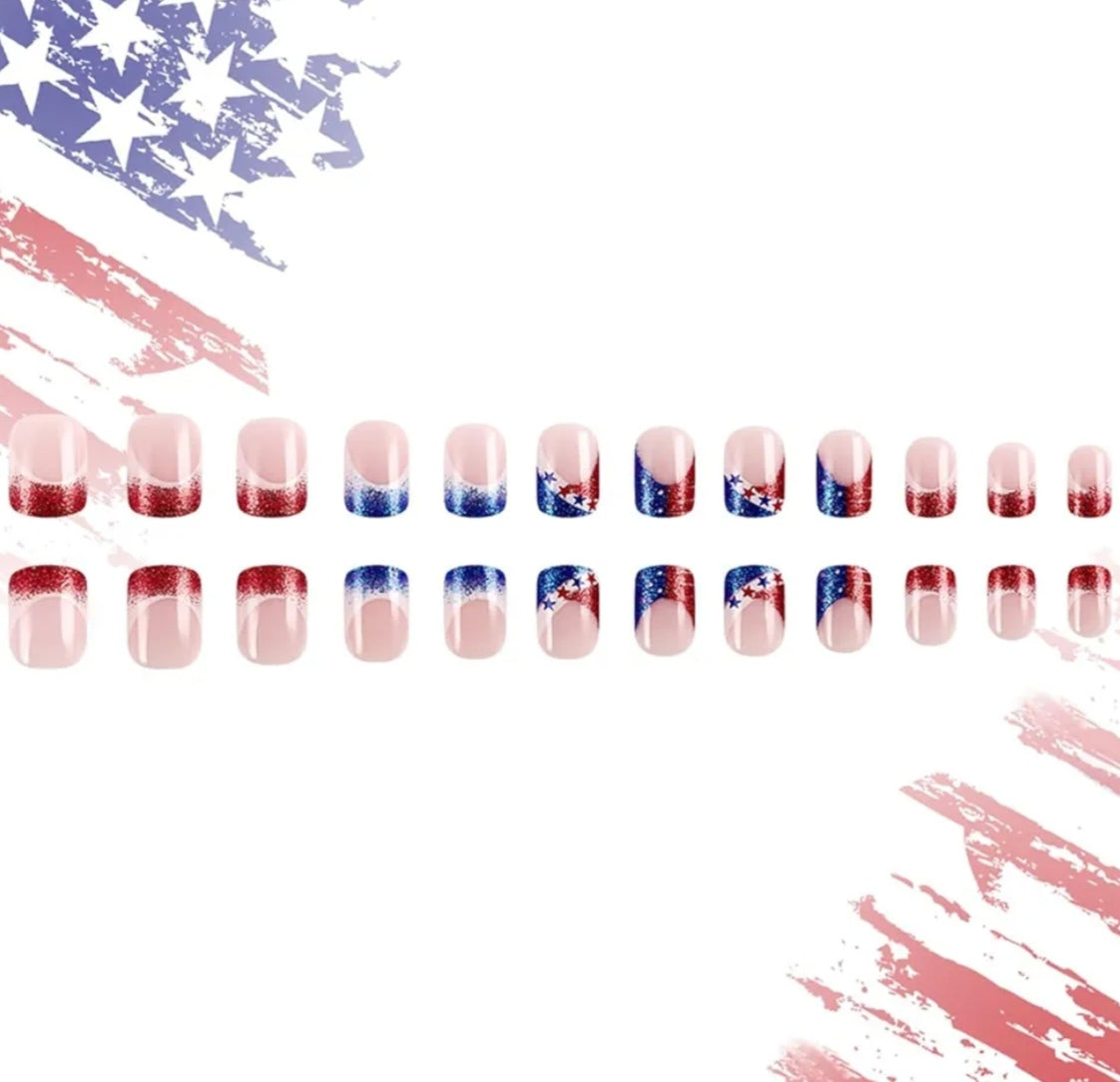 Trendy Patriotic Red White Blue French Glitter Stars Press-On Nails Fake Artificial Nails 24 Pcs – Free Shipping