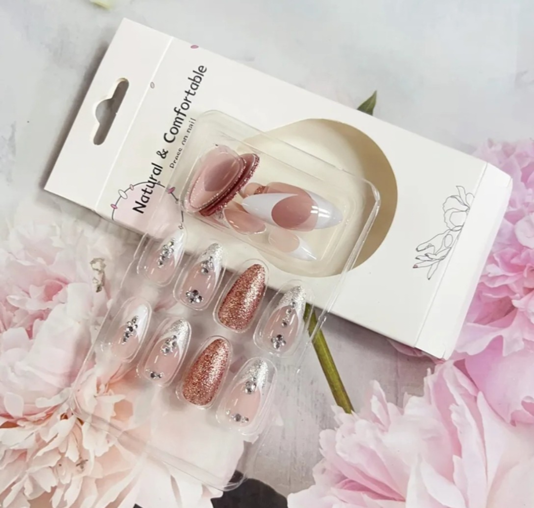 Elegant Glitter French Rhinestone Press-On Nails Fake Artificial Nails 24 Pcs – Free Shipping