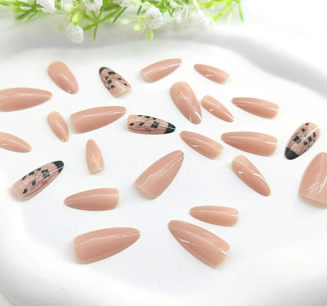 Elegant Nude Black Floral Press-On Nails Fake Artificial Nails 24 Pcs – Free Shipping