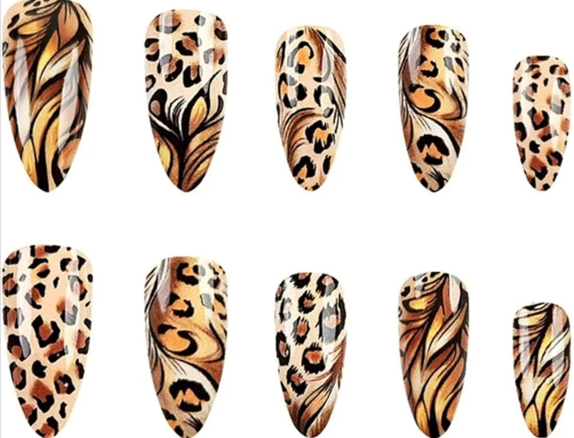 Chic Feather Leopard Print Gold Feather Press-On Nails Fake Artificial Nails 24 Pcs – Free Shipping