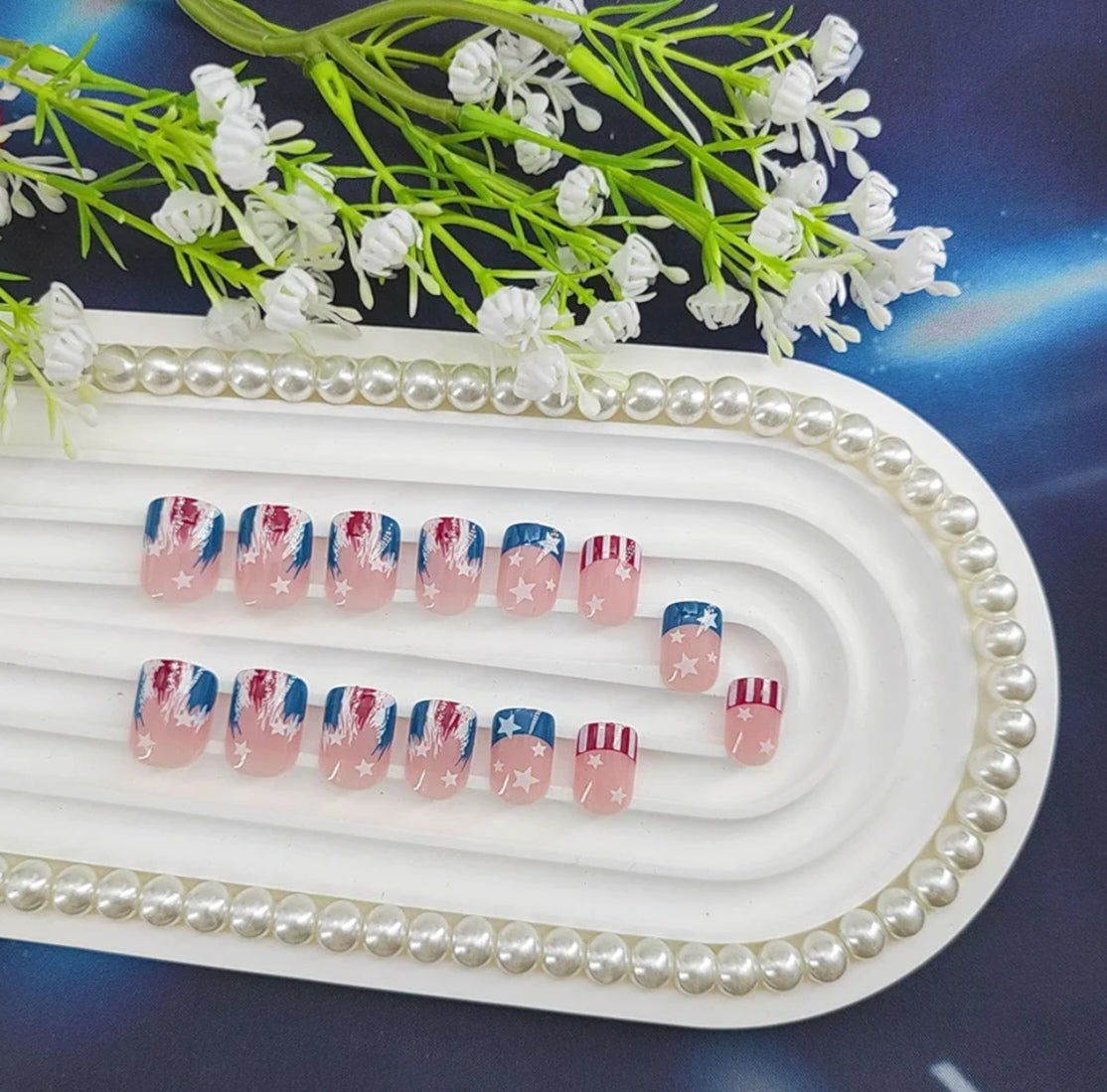 Trendy Patriotic Red White Blue French Tip Star Design Press-On Nails Fake Artificial Nails 24 Pcs-Free Shipping